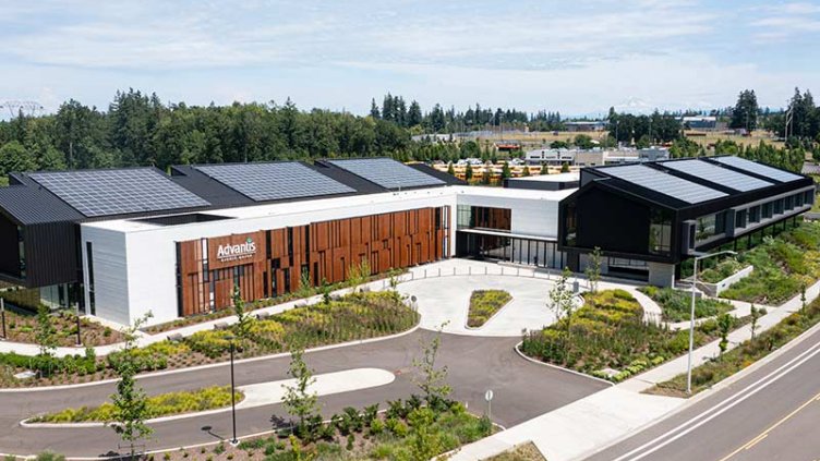 Advantis Credit Union has moved into their new 12-acre headquarters in Oregon City, OR. Their headquarters is shown here.
