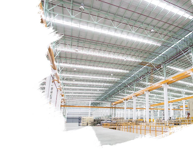 Warehouse facility interior with shelves and boxes