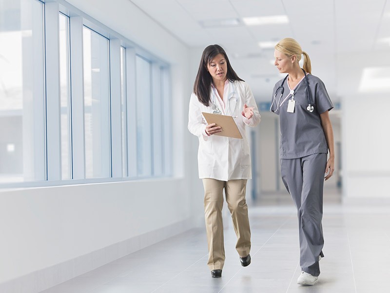 Healthcare workers in hallway