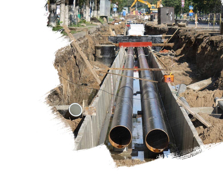 Replacement pipes in the city. Construction of heating mains for municipal infrastructure, the concept of city development.