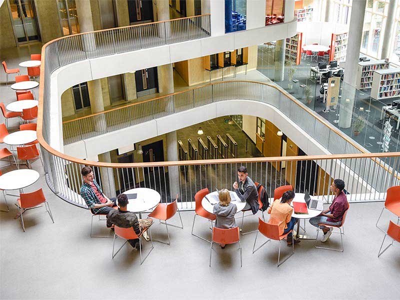 Students collaborate in small groups at a higher education institution’s campus library