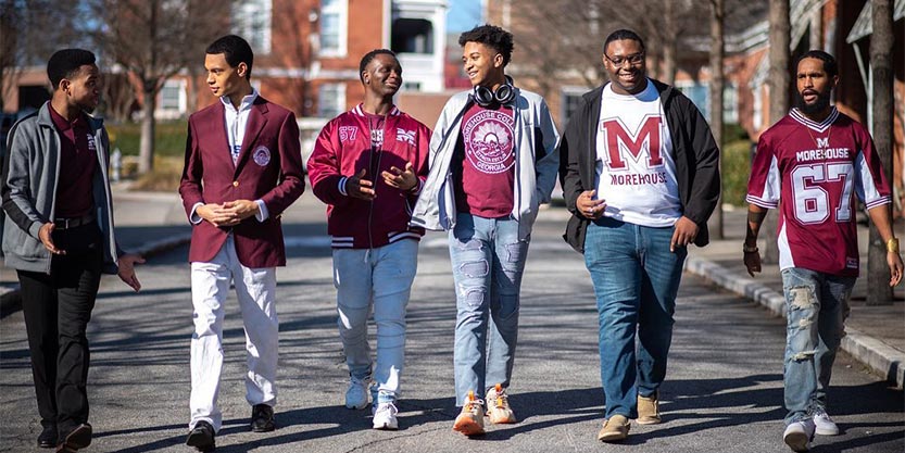 Students walk together on campus at Morehouse College.