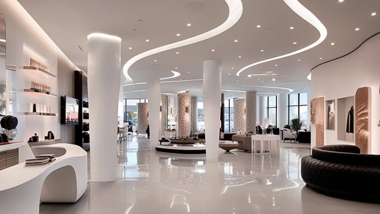 Modern, minimalist retail store layout, colored recessed lighting details