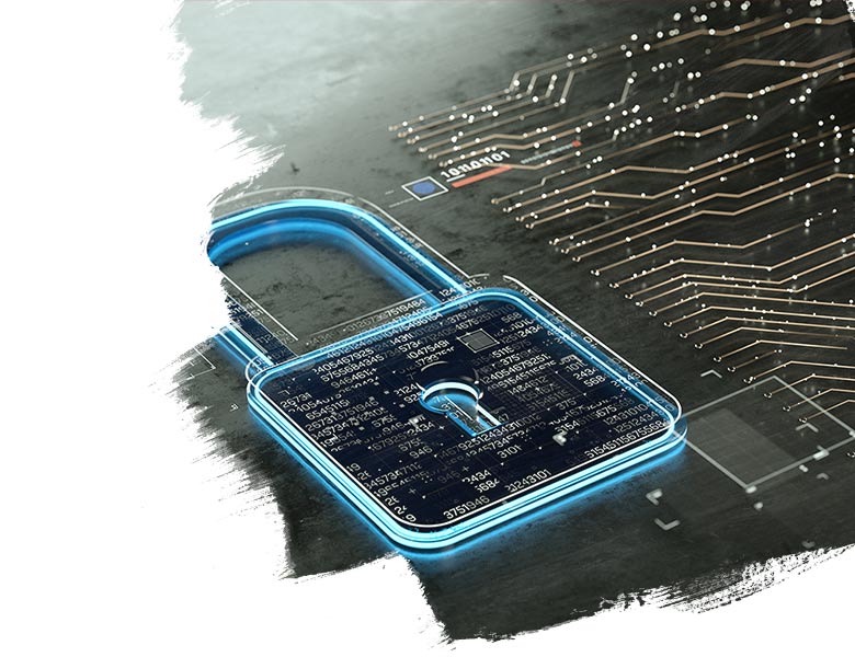 Image of a digital security lock connecting data points to represent managing risk