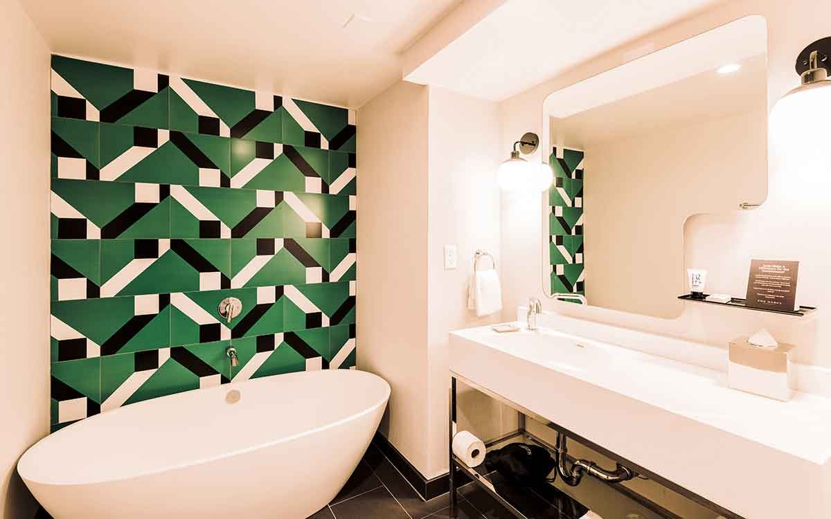 Interior view of a bathroom in a hotel room