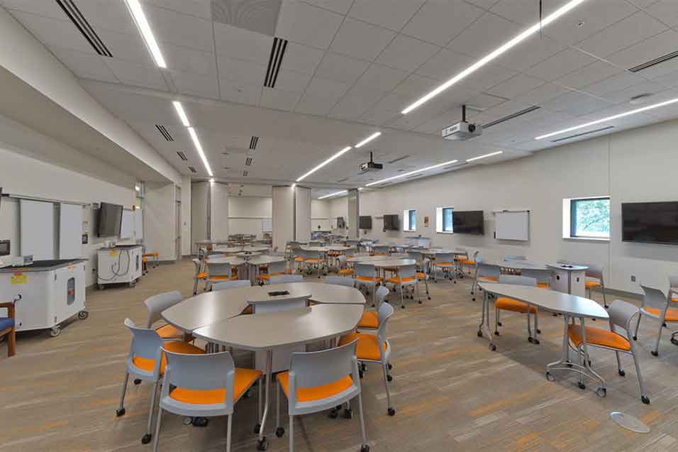 Interior view of an active learning classroom in a university