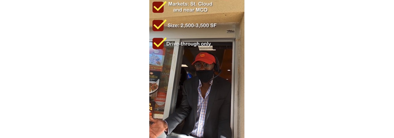 Brandon McCalla in a drive thru window with building stats on the graphic
