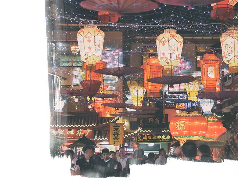 View of colorful lanterns at night in the City God Temple of Shanghai