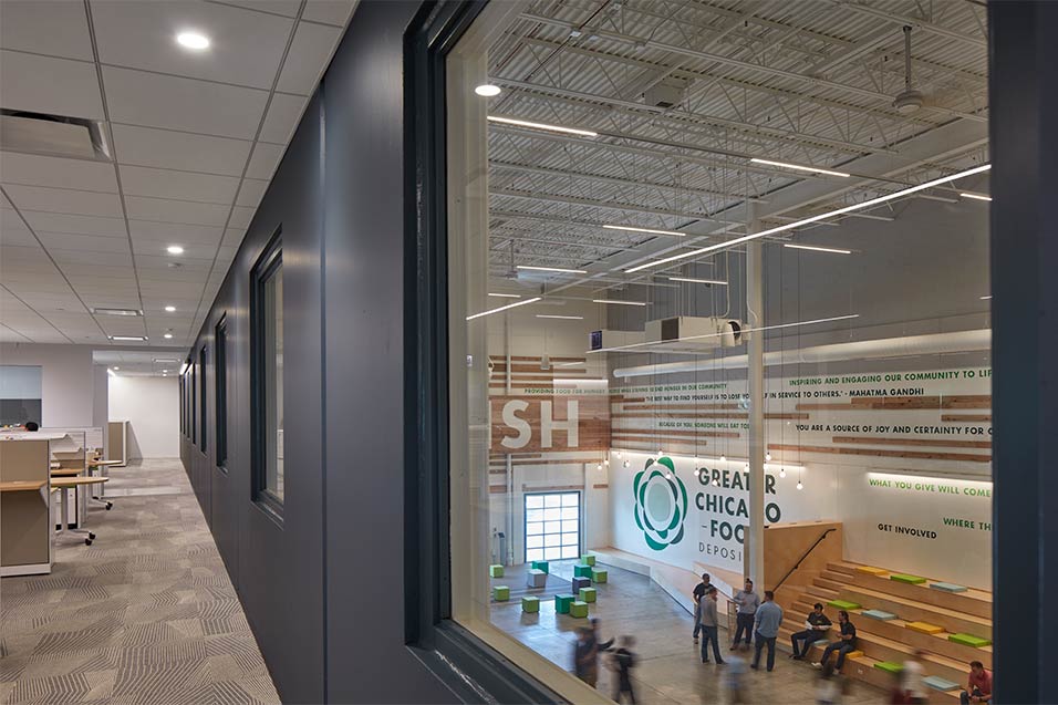 Greater Chicago Food Depository office views into the large volunteer space