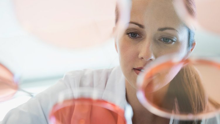 Female lab assistant analyzing a chemical specimen in the laboratory
